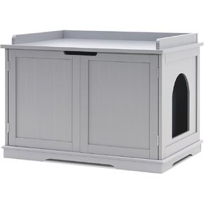 MCombo Cat Litter Box Furniture Hidden, Pet Enclosed Litter Bench, Wood Hideaway Extra Cat House, Cat Washroom Bench with Removable Divider for Indoor Animal 0657