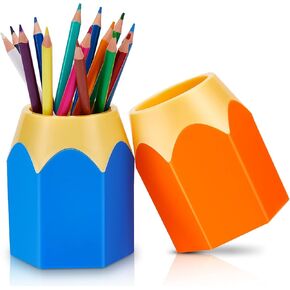 قطعتان من حاملات الأقلام على شكل قلم رصاص منظم تخزين قلم رصاص لطيف لسطح المكتب وكوب ملون مزهرية لأقلام الرصاص ورف قرطاسية كرتونية ومستلزمات مكتبية منزلية وديكور سطح المكتب (أزرق، برتقالي)