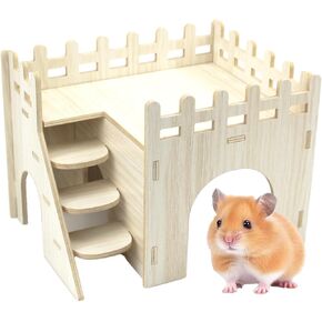Amonk Hamster Hideout 8x6x6 inch Wooden House Small Wood Hut Habitats Decor with Climbing Ladder for Bunny, Chinchillas, Dwarf Rabbits, and Other Small Pet Animals
