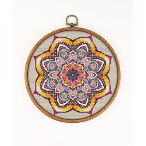Mandala Flower K112 Counted Cross Stitch KIT. Threads, Needles, 2 Fabrics, Threader, Clippers and 4 Printed Color Patterns. Embroidery Pattern Kit