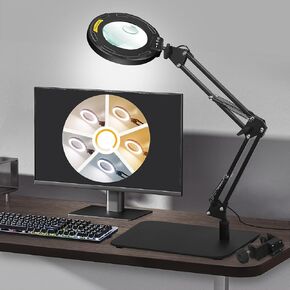 Magnifying Glass with Light and Stand 12X Desktop Magnifier Desk Lamp Close Work Up for Table Crafting, Reading, Sewing, Soldering, Easy Use 5 Color Modes Head Controller, 2 in 1 Stable Base Clamp