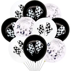 30 Pieces Checkered Race Car Latex Balloons Racing Cars Theme Black & White Flag Balloon Confetti Balloons for Kids, Boys, Birthday Party,12" …