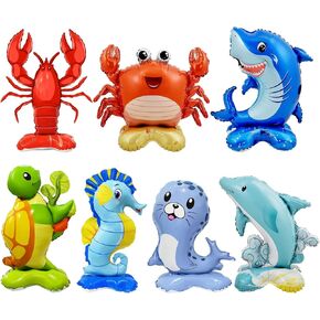 7 Pcs Sea Animal Balloons - Standing Sea Turtle Seahorse Dolphin Shark Crab Lobster Sea Lion Foil Balloons Sea Creature Ocean Balloons for Under The Sea Ocean Themed Party Decorations