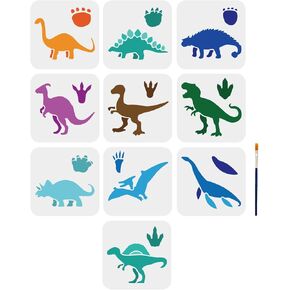 MAYJOYDIY 10pcs Dinosaurs Stencils 6×6inch Animal Dinosaurs Painting Templates with Paint Brush Tyrannosaurus Rex Pterosaurus Stegosaurus Footprints Stencils for DIY Craft Supplies Wall Wood