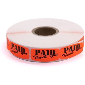 Bright Orange 'Paid - Thank You' Sticker Labels - High-Contrast, High-Adhesive, Ideal for Supermarkets and Other Stores - 1000 Count Roll of 1 1/2" x 5/8" Size Stickers