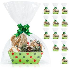 JarThenaAMCS 12 Pack Christmas Basket for Gifts Empty with Cellophane Bag & Ribbon Bow Green Red Dot Paper Gift Wrapping Basket for Xmas Party Supplies, 9.8 x 6.6 Inch