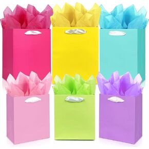 MUMULULU 6 Pack Gift Bags Assorted Sizes Colorful Paper Gift Wrap Bags with Handle and Tissue Paper for Birthday Party Baby Shower Wedding Holiday Presents (3 Small 6", 3 Medium 9")