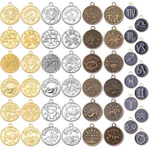 48pcs Zodiac Sign Charms, 36pcs Round 12 Constellation Pendants alloy Beads and 12pcs Gold Plated Enamel Zodiac Pendants for Jewelry Necklace Bracelet Earring, 4 colors