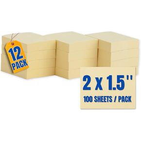 1InTheOffice Small Sticky Notes 1.5 x 2, Self-Stick Pad, Pop Up Stick Notes 1.5 x 2, Yellow, 100-Sheet 12/Pack