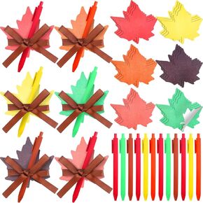Geyee 24 Pack Fall Leaves Sticky Notepad Set with Pen for Kids Bulk Autumn Leaf Shaped Sticky Note with Pen Ribbons Self Stick Note for Thanksgiving School Office Appreciation Gifts (Maple Leaf)
