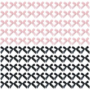 100 Pcs Ribbon Bows Mini Satin Fabric Bows Flowers,Bow Party Decor for DIY Crafting Project Craft Sewing Scrapbooking Wedding Birthday Party Souvenir Packaging Bag Christmas Thanksgiving (Pink Black)