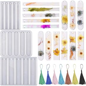 3 PCS Bookmark Resin Molds Silicone, Bookmark Epoxy Resin Molds with 16 PCS Colorful Tassels Rectangle Resin Casting Mold for DIY Jewellery Decoration Crafts Bookmark Making Kit