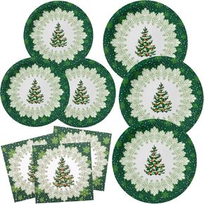 ZVK Christmas Paper Plates and Napkins Set 150 Party Dessert Plates, Dinner Plates, Paper Napkins Disposable Dinnerware for Christmas Party Supplies Green Xmas Tree Tableware