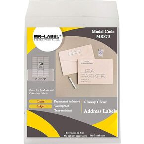 Mr-Label 1" x 2-5/8" Glossy Frosted Clear Address Labels - Waterproof and Tear-Resistant - for Inkjet & Laser Printer - for Envelope | Gift Bag | Bottle| Bar Code (10 Sheets Total 300 Labels)