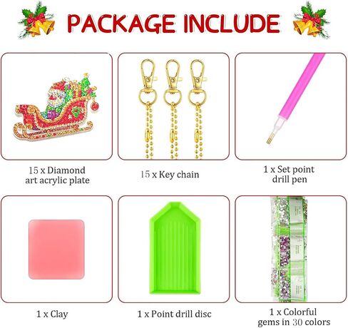 15 Pieces Diamond Art Kits for Adults Christmas Key chains Set Art Ornaments DIY 5d Painting Round Drill Diamond Dots Gem Art for Aesthetic Room Decor Crystal Rhinestone Arts Craft(Double-Sided) in Saudi Arabia