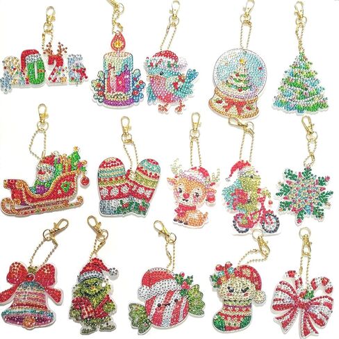 15 Pieces Diamond Art Kits for Adults Christmas Key chains Set Art Ornaments DIY 5d Painting Round Drill Diamond Dots Gem Art for Aesthetic Room Decor Crystal Rhinestone Arts Craft(Double-Sided) in Saudi Arabia