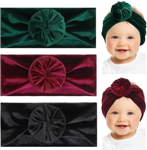 Subesty 3pcs Velvet Baby Headbands, Elastics Baby Girl Bows Classic Knot Newborn Headbands Turban Soft Wide Headwraps for Newborn Infant Toddlers (Black Red Green) in Kuwait