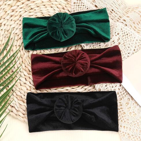 Subesty 3pcs Velvet Baby Headbands, Elastics Baby Girl Bows Classic Knot Newborn Headbands Turban Soft Wide Headwraps for Newborn Infant Toddlers (Black Red Green) in Kuwait