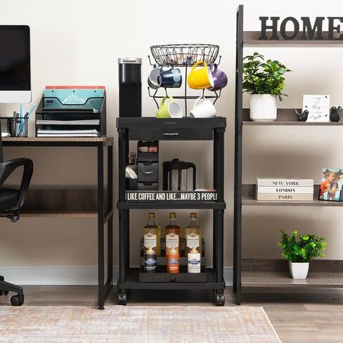 Mind Reader Bar Cart, Rolling, Utility Cart, 3-Tier, Coffee Cart, Bathroom, Kitchen, Plastic, 20"L x 15"W x 34.5"H, Black in Saudi Arabia