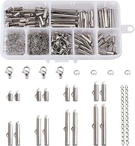 Pandahall 640Pcs 4 Color Brass Slide On End Clasp Tubes & Iron Twist Extender Chains & Open Jump Rings & Alloy Lobster Claw Clasps Connectors for DIY Bracelet Necklace Jewelry Making in Saudi Arabia