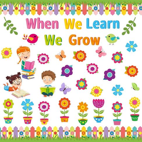 عندما نتعلم أننا ننمو، قطع نشرة للفصل الدراسي، لوحة نشرة زهرية، ديكور مع حدود للوازم المنزلية لنافذة المدرسة والحفلات ذات الطابع الزهري، 66 قطعة in Kuwait