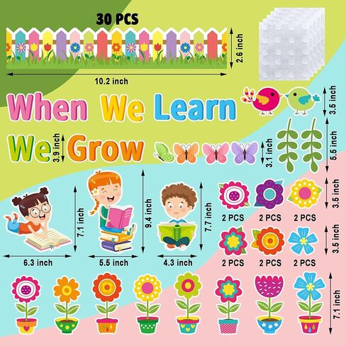 عندما نتعلم أننا ننمو، قطع نشرة للفصل الدراسي، لوحة نشرة زهرية، ديكور مع حدود للوازم المنزلية لنافذة المدرسة والحفلات ذات الطابع الزهري، 66 قطعة in Kuwait