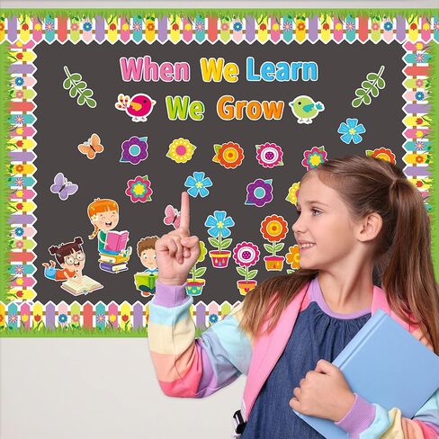 عندما نتعلم أننا ننمو، قطع نشرة للفصل الدراسي، لوحة نشرة زهرية، ديكور مع حدود للوازم المنزلية لنافذة المدرسة والحفلات ذات الطابع الزهري، 66 قطعة in Kuwait