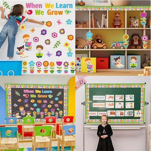 عندما نتعلم أننا ننمو، قطع نشرة للفصل الدراسي، لوحة نشرة زهرية، ديكور مع حدود للوازم المنزلية لنافذة المدرسة والحفلات ذات الطابع الزهري، 66 قطعة in Kuwait