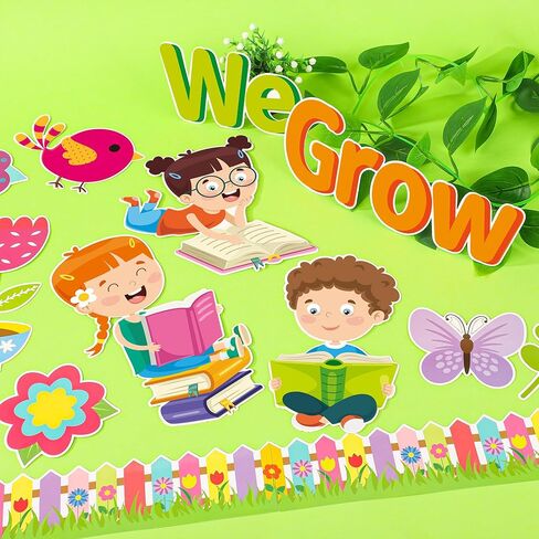 عندما نتعلم أننا ننمو، قطع نشرة للفصل الدراسي، لوحة نشرة زهرية، ديكور مع حدود للوازم المنزلية لنافذة المدرسة والحفلات ذات الطابع الزهري، 66 قطعة in Kuwait