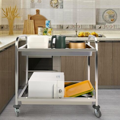 lesolar Stainless Steel Utility Cart 2-Shelf Kitchen Trolley Cart Heavy Duty Utility Service Cart with Wheels 37.4x19.7x37.4 Inch Kitchen Island Trolley 300lbs Capacity for Hotels Restaurant Home Use in Kuwait
