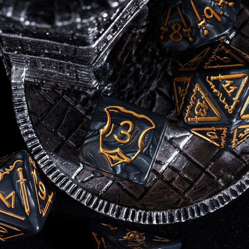 25mm Giant Polyhedral Dice Set, Sword and Shield DND Dice 7-Die Large Dice Set with Leather Dice Bag for Role Playing Game Dungeons and Dragons(Black) in Saudi Arabia