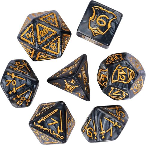 25mm Giant Polyhedral Dice Set, Sword and Shield DND Dice 7-Die Large Dice Set with Leather Dice Bag for Role Playing Game Dungeons and Dragons(Black) in Saudi Arabia