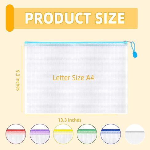 12-Pack Waterproof Mesh Zipper Pouches, 13 x 9.25 Inch A4/Letter Size, Multi-Colored Document Storage Bags, Durable File Organizers for School, Office Supplies, and Travel - 6 Colors, 2 Pieces Each in Saudi Arabia