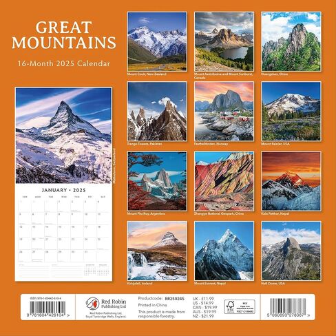 Red Robin 2025 Great Mountains Monthly Wall Calendar | 12" x 24" Open | Premium Thick & Sturdy Paper | Hangable 12 Month Calendar | Plastic Free | 4 Month Transition Page for 2024 in Saudi Arabia