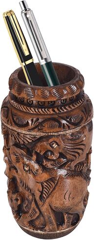 Craft Trade Hand Carved Wood Pen Holder for Desk Organizer for Home School Office Supplies Pencil Cup Pot Storage Box Suitable for Stationery - Natural Wood in Kuwait