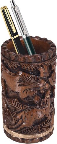 Craft Trade Hand Carved Wood Pen Holder for Desk Organizer for Home School Office Supplies Pencil Cup Pot Storage Box Suitable for Stationery - Natural Wood in Kuwait