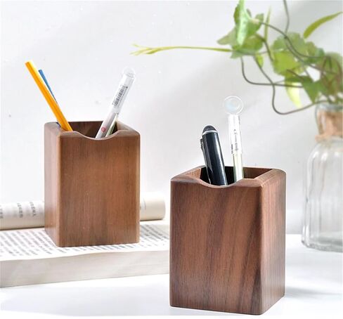 2 Pack Wood Pen Pencil Holder Stand Multi Purpose Natural Wood Pencil Cup Pot Desk Organizer Storage Box (2 Pack Walnut Color) in Saudi Arabia