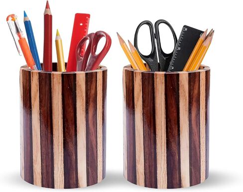 2 Pack Wood Pen Pencil Holder Stand Multi Purpose Natural Wood Pencil Cup Pot Desk Organizer Storage Box (2 Pack Walnut Color) in Saudi Arabia