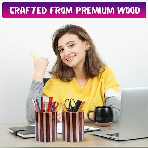 2 Pack Wood Pen Pencil Holder Stand Multi Purpose Natural Wood Pencil Cup Pot Desk Organizer Storage Box (2 Pack Walnut Color) in Saudi Arabia