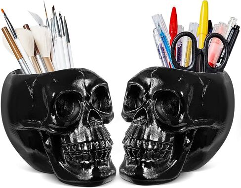 Suclain 2 جهاز كمبيوتر شخصى الجمجمة ماكياج فرشاة حامل أسود الجمجمة حامل القلم فرشاة حامل الهدايا للنساء القوطية مخيف ماكياج المنظم وعاء النبات لعيد الهالوين خلع الملابس الجدول الغرور مكتب مكتب التخزين in Kuwait