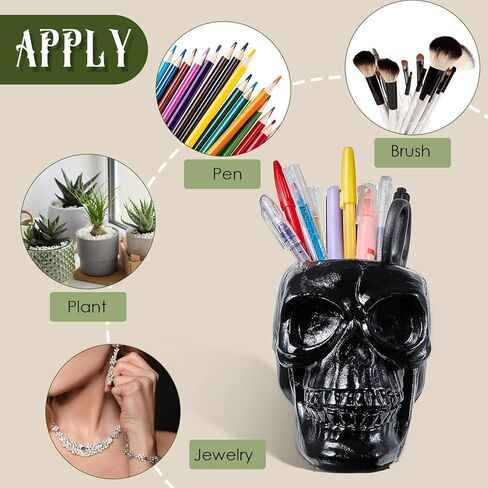 Suclain 2 جهاز كمبيوتر شخصى الجمجمة ماكياج فرشاة حامل أسود الجمجمة حامل القلم فرشاة حامل الهدايا للنساء القوطية مخيف ماكياج المنظم وعاء النبات لعيد الهالوين خلع الملابس الجدول الغرور مكتب مكتب التخزين in Kuwait