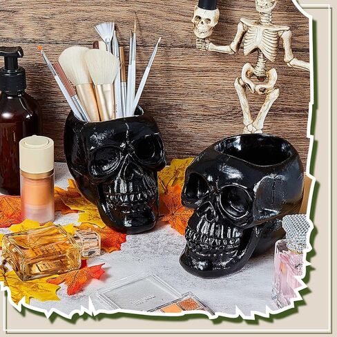 Suclain 2 جهاز كمبيوتر شخصى الجمجمة ماكياج فرشاة حامل أسود الجمجمة حامل القلم فرشاة حامل الهدايا للنساء القوطية مخيف ماكياج المنظم وعاء النبات لعيد الهالوين خلع الملابس الجدول الغرور مكتب مكتب التخزين in Kuwait