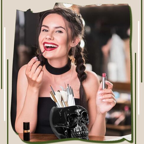 Suclain 2 جهاز كمبيوتر شخصى الجمجمة ماكياج فرشاة حامل أسود الجمجمة حامل القلم فرشاة حامل الهدايا للنساء القوطية مخيف ماكياج المنظم وعاء النبات لعيد الهالوين خلع الملابس الجدول الغرور مكتب مكتب التخزين in Kuwait