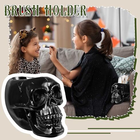 Suclain 2 جهاز كمبيوتر شخصى الجمجمة ماكياج فرشاة حامل أسود الجمجمة حامل القلم فرشاة حامل الهدايا للنساء القوطية مخيف ماكياج المنظم وعاء النبات لعيد الهالوين خلع الملابس الجدول الغرور مكتب مكتب التخزين in Kuwait