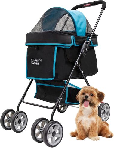 Swift Pet Stroller - Teal: Zipperless, Quality Mesh Windows, Pee Pad Insert, Double Rear Brakes, Rotating Front Wheels, Lightweight, Two-Way Canopy, for Small Dogs/Cats, Supports Pets up to 45LBS in Saudi Arabia
