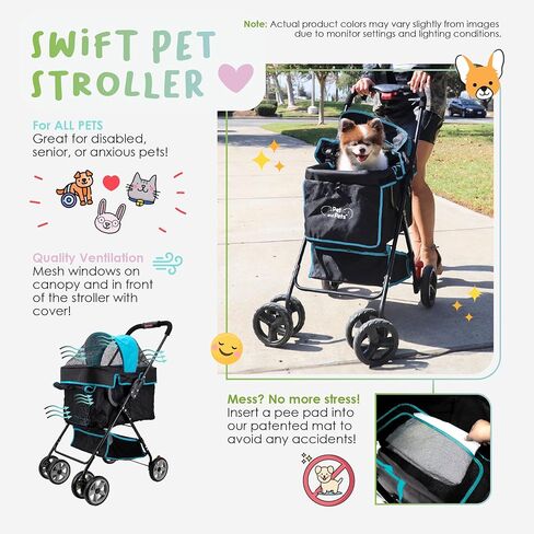 Swift Pet Stroller - Teal: Zipperless, Quality Mesh Windows, Pee Pad Insert, Double Rear Brakes, Rotating Front Wheels, Lightweight, Two-Way Canopy, for Small Dogs/Cats, Supports Pets up to 45LBS in Saudi Arabia