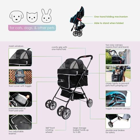 Swift Pet Stroller - Teal: Zipperless, Quality Mesh Windows, Pee Pad Insert, Double Rear Brakes, Rotating Front Wheels, Lightweight, Two-Way Canopy, for Small Dogs/Cats, Supports Pets up to 45LBS in Saudi Arabia