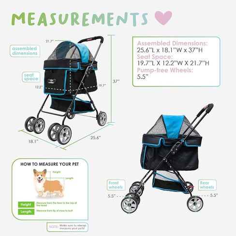 Swift Pet Stroller - Teal: Zipperless, Quality Mesh Windows, Pee Pad Insert, Double Rear Brakes, Rotating Front Wheels, Lightweight, Two-Way Canopy, for Small Dogs/Cats, Supports Pets up to 45LBS in Saudi Arabia