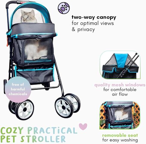 Swift Pet Stroller - Teal: Zipperless, Quality Mesh Windows, Pee Pad Insert, Double Rear Brakes, Rotating Front Wheels, Lightweight, Two-Way Canopy, for Small Dogs/Cats, Supports Pets up to 45LBS in Saudi Arabia
