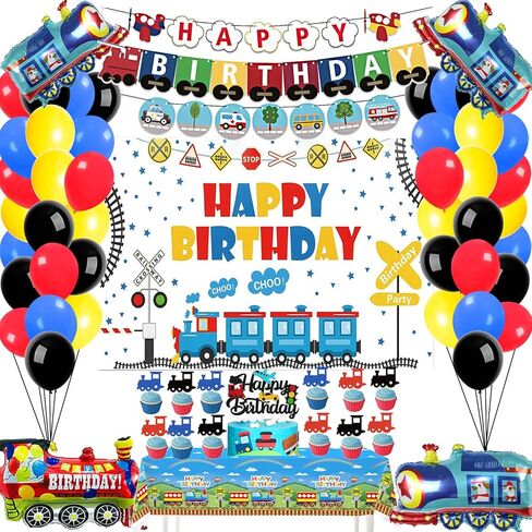 Train Birthday Decorations Cartoon Train Theme Birthday Party Decorations Choo Choo Train Theme Happy Birthday Banner Backdrop Train Birthday Party Supplies Transportation Party Decorations in Saudi Arabia